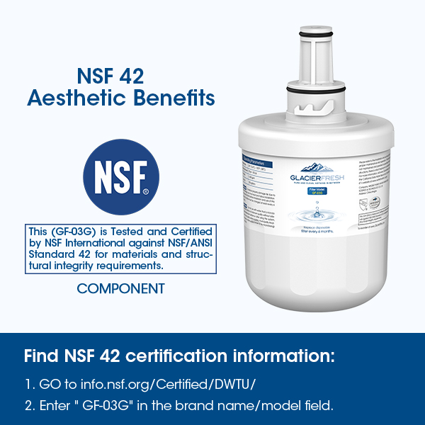 Glacier Fresh DA29-00003g Refrigerator Water Filter is certified by NSF 42